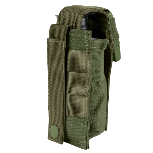 The Condor Single Flashbang Pouch is an olive green tactical nylon pouch with a top flap, snap closure strap, and front webbing, designed to carry small gear or accessories.