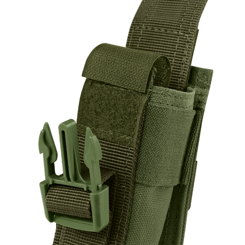 A close-up view of the Condor Single Flashbang Pouch in green, made of tactical nylon with a plastic buckle and Velcro strap.