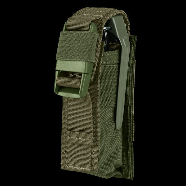 Condor Single Flashbang Pouch in Olive Drab with flap closure and multiple stitched straps, shown holding a green tool inside.