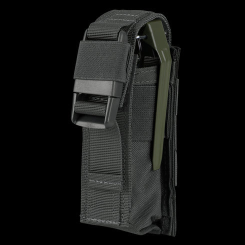 A black Condor Single Flashbang Pouch with MOLLE compatibility and a flap closure, holding a green-handled multi-tool partially visible at the top.