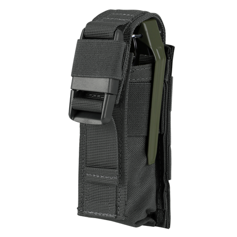A black Condor Single Flashbang Pouch with MOLLE compatibility and a flap closure, holding a green-handled multi-tool partially visible at the top.