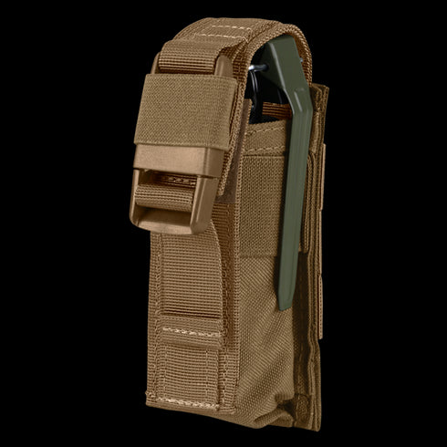 The Condor Single Flashbang Pouch in coyote brown nylon features a quick-release buckle closure and holds a metal tool partially visible on the right side.
