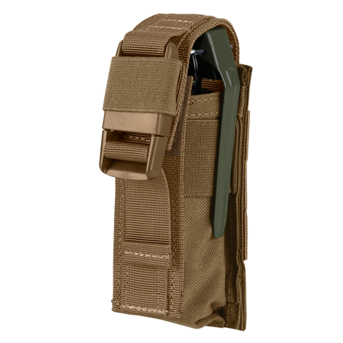 The Condor Single Flashbang Pouch in coyote brown nylon features a quick-release buckle closure and holds a metal tool partially visible on the right side.