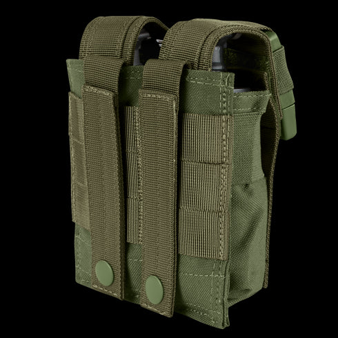 The Condor Double Flashbang Pouch, shown from the rear, features a green durable fabric construction with two secure straps and button closures.