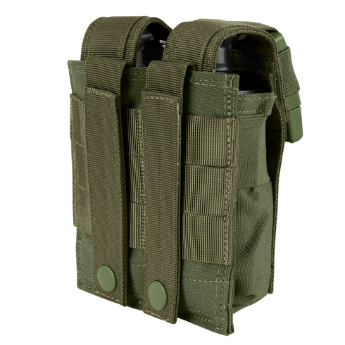 The Condor Double Flashbang Pouch, shown from the rear, features a green durable fabric construction with two secure straps and button closures.