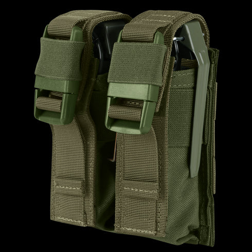 Two Condor Double Flashbang Pouches in Olive Drab with buckle closures, ideal for carrying black and green multi-tools or similar gear.
