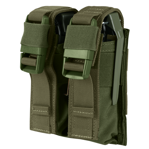 Two Condor Double Flashbang Pouches in Olive Drab with buckle closures, ideal for carrying black and green multi-tools or similar gear.