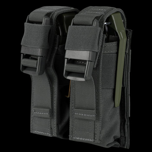 The Condor Double Flashbang Pouch is a dual black tactical pouch with two compartments and plastic buckle closures, ideal for military or EDC use, and holds two green-handled tools or objects inside.