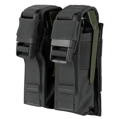 The Condor Double Flashbang Pouch is a dual black tactical pouch with two compartments and plastic buckle closures, ideal for military or EDC use, and holds two green-handled tools or objects inside.