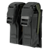The Condor Double Flashbang Pouch is a dual black tactical pouch with two compartments and plastic buckle closures, ideal for military or EDC use, and holds two green-handled tools or objects inside.
