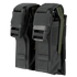The Condor Double Flashbang Pouch is a dual black tactical pouch with two compartments and plastic buckle closures, ideal for military or EDC use, and holds two green-handled tools or objects inside.