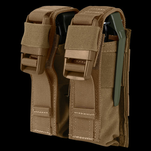 The Condor Double Flashbang Pouch features tan MOLLE webbing, brown buckles, and holds two flashbangs—ideal for bushcraft or law enforcement use.