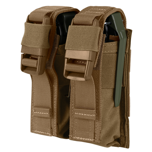The Condor Double Flashbang Pouch features tan MOLLE webbing, brown buckles, and holds two flashbangs—ideal for bushcraft or law enforcement use.