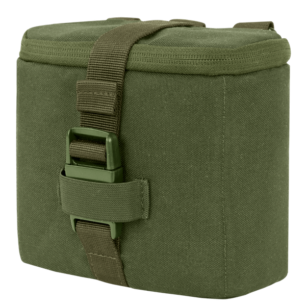 Condor Binocular Pouch in Olive Drab features a rectangular fabric design with a top zipper, side clip buckle, and adjustable strap.