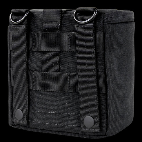 The Condor Binocular Pouch is a black, MOLLE-compatible tactical pouch with webbing, two vertical straps, metal D-rings, and snap button closures—perfect for carrying binoculars or essentials securely.