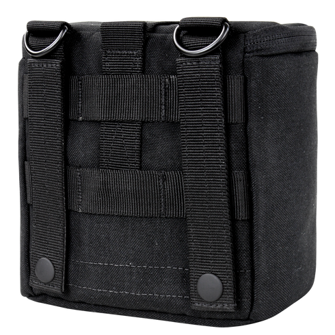 The Condor Binocular Pouch is a black, MOLLE-compatible tactical pouch with webbing, two vertical straps, metal D-rings, and snap button closures—perfect for carrying binoculars or essentials securely.