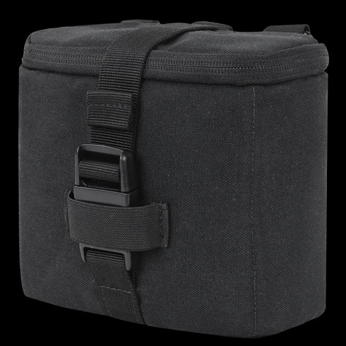 The Condor Binocular Pouch in black is a rectangular padded pouch with a top flap, strap, and plastic buckle. MOLLE compatible for easy attachment—perfect for carrying binoculars or accessories.