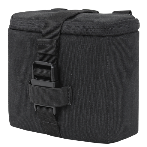 The Condor Binocular Pouch in black is a rectangular padded pouch with a top flap, strap, and plastic buckle. MOLLE compatible for easy attachment—perfect for carrying binoculars or accessories.