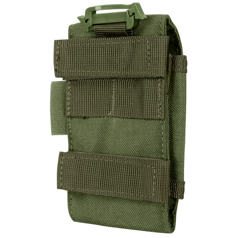 The Condor Tech Sheath Plus | SALE is a green tactical nylon pouch with multiple Velcro straps and a plastic clip, designed for attachment to your gear or belt.