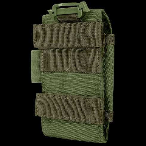 The Condor Tech Sheath Plus | SALE is a green tactical pouch with Velcro straps, webbing, and a plastic clip, designed for attaching to gear or a belt.
