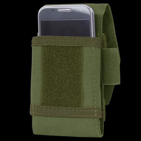 A smartphone partially inserted into a Condor Tech Sheath Plus (SALE), featuring a green fabric pouch with a hook-and-loop fastener flap.