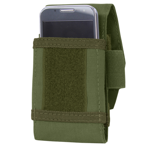 A smartphone partially inserted into the Condor Tech Sheath Plus in green, a tactical fabric holster featuring a hook-and-loop flap closure.