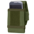 A smartphone partially inserted into the Condor Tech Sheath Plus in green, a tactical fabric holster featuring a hook-and-loop flap closure.