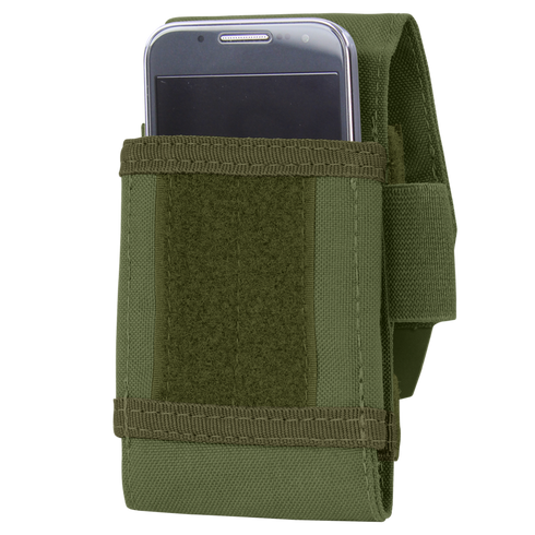 A smartphone partially inserted into the Condor Tech Sheath Plus | SALE, a green fabric pouch with a Velcro flap and back strap.