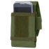 A smartphone partially inserted into the Condor Tech Sheath Plus | SALE, a green fabric pouch with a Velcro flap and back strap.