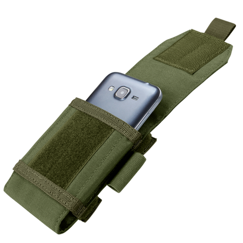The Condor Tech Sheath Plus | SALE is a green fabric phone pouch with a flap, shown holding a black smartphone against a plain white background.