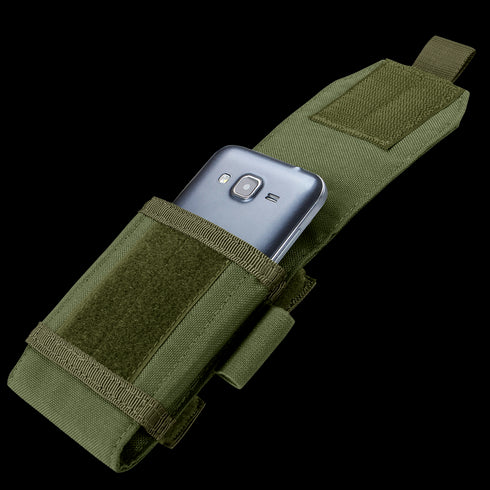 A smartphone partially inserted into a Condor Tech Sheath Plus, an olive green fabric pouch with a Velcro flap, designed for carrying on a belt or strap.