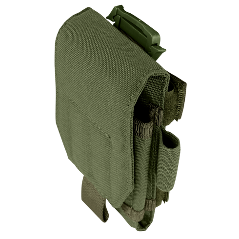 The Condor Tech Sheath Plus | SALE is a green tactical utility pouch with secure buckle and multiple compartments, ideal for carrying small gear or tools.