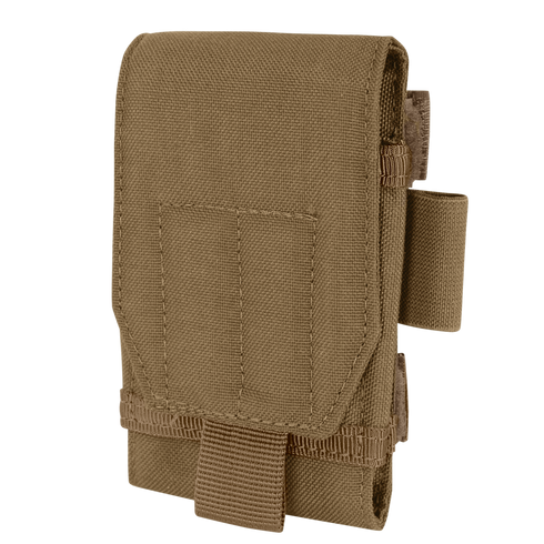 The Condor Tech Sheath Plus in Coyote Brown is a durable tactical pouch featuring a front flap, stitched details, and an external side loop attachment. Now on SALE.