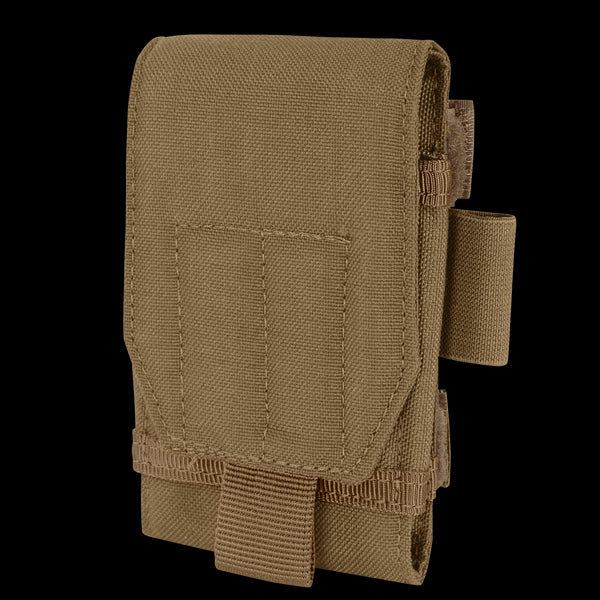 The Condor Tech Sheath Plus is a brown tactical pouch with a flap cover, stitched front pocket, and side loop, crafted from durable fabricāperfect for first responders or the shooting range.