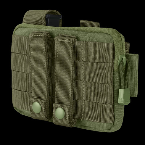 The Condor Annex Admin Pouch is an olive green tactical pouch with MOLLE webbing, back straps, zipper closure, and snap fasteners, designed for easy attachment to gear or backpacks.