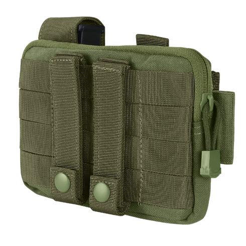 The Condor Annex Admin Pouch is an olive green tactical pouch with MOLLE webbing, back straps, zipper closure, and snap fasteners, designed for easy attachment to gear or backpacks.