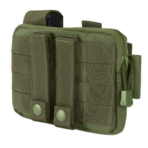 The Condor Annex Admin Pouch is an olive green tactical pouch with MOLLE webbing, back straps, zipper closure, and snap fasteners, designed for easy attachment to gear or backpacks.