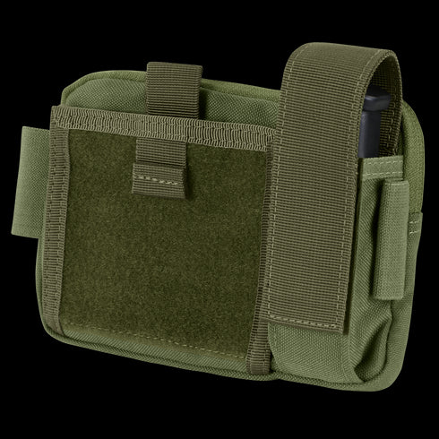 The Condor Annex Admin Pouch in Olive Drab features a front flap, Velcro closure, and side pocket, ideal for carrying small gear or accessories.