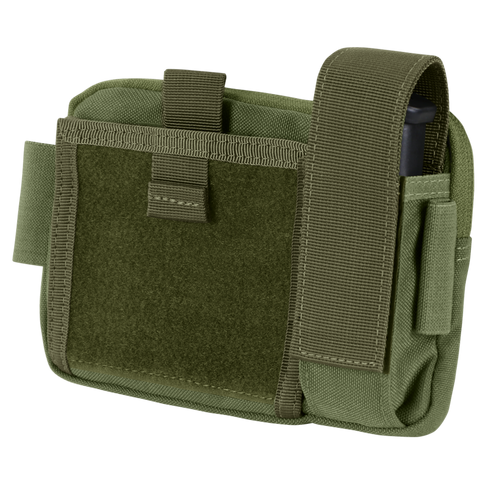 The Condor Annex Admin Pouch in Olive Drab features a front flap, Velcro closure, and side pocket, ideal for carrying small gear or accessories.