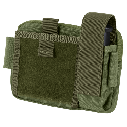 The Condor Annex Admin Pouch in Olive Drab features a front flap, Velcro closure, and side pocket, ideal for carrying small gear or accessories.