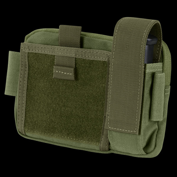The Condor Annex Admin Pouch in Olive Drab features a front flap, Velcro closure, and side pocket, ideal for carrying small gear or accessories.