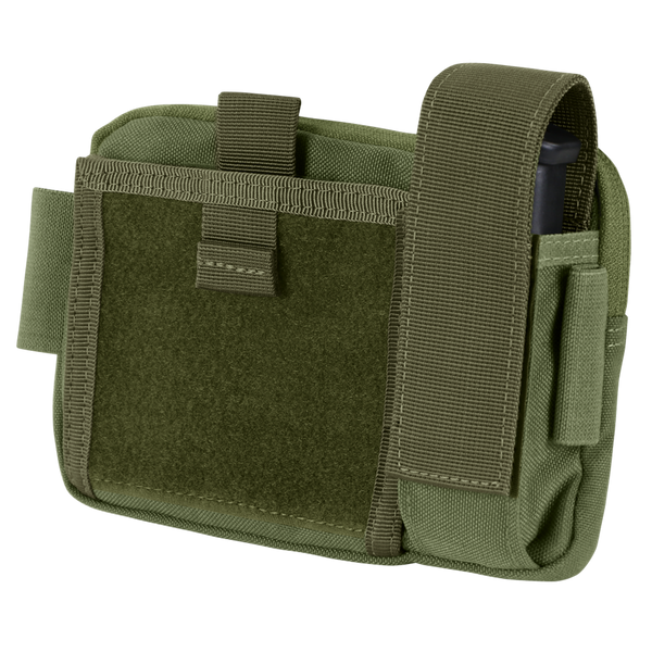 The Condor Annex Admin Pouch in Olive Drab features a front flap, Velcro closure, and side pocket, ideal for carrying small gear or accessories.