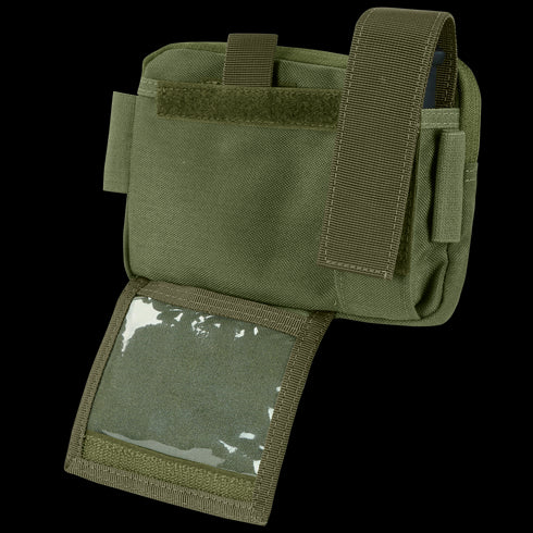 The Condor Annex Admin Pouch in olive green features a transparent plastic window, velcro closure, and multiple compartments for organized storage.