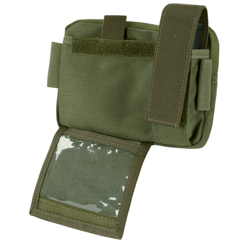 The Condor Annex Admin Pouch in olive green features a transparent plastic window, velcro closure, and multiple compartments for organized storage.