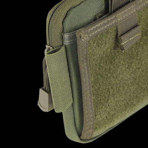Close-up of the Condor Annex Admin Pouch in Scorpion OCP, showcasing a green tactical design with zipper closure, reinforced stitching, and a front pocket secured by a fabric strap.