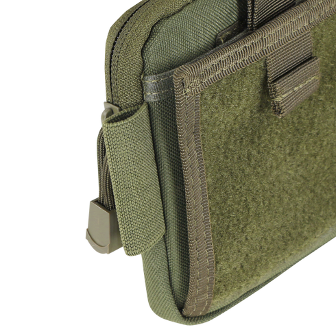 Close-up of the Condor Annex Admin Pouch in Scorpion OCP, showcasing a green tactical design with zipper closure, reinforced stitching, and a front pocket secured by a fabric strap.