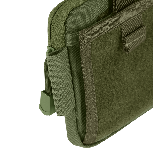 Close-up of the Condor Annex Admin Pouch, a green fabric pouch featuring a zipper, Velcro flap, and reinforced edge stitching.