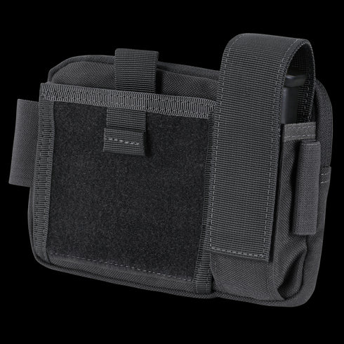 The Condor Annex Admin Pouch is a black tactical utility pouch for EDC or military use, featuring a large front Velcro panel, side and top straps, and a zippered main compartment.