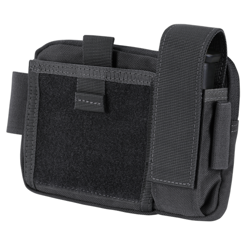 The Condor Annex Admin Pouch is a black tactical utility pouch for EDC or military use, featuring a large front Velcro panel, side and top straps, and a zippered main compartment.
