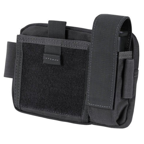 The Condor Annex Admin Pouch is a black tactical utility pouch for EDC or military use, featuring a large front Velcro panel, side and top straps, and a zippered main compartment.